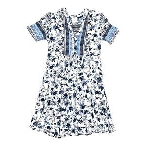 Knox Rose XS Floral Boho Short Sleeve Dress Blue White Soft Knit Summer Casual
